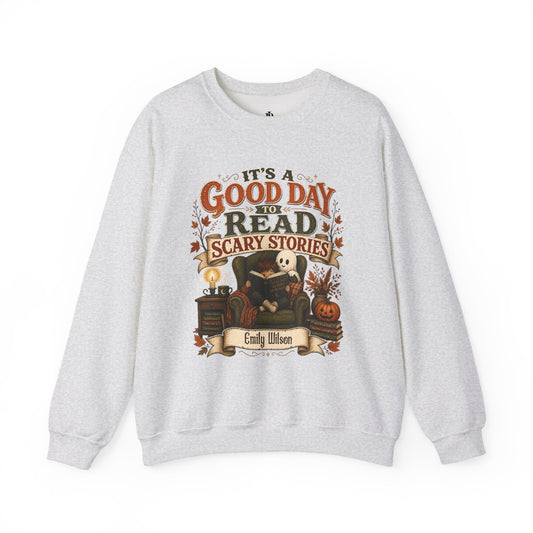 Custom Name Halloween Sweatshirt, Book Lover Gift For Her, Good Day To Read Scary Stories Crewneck, Spooky Season Reading Teacher Sweater