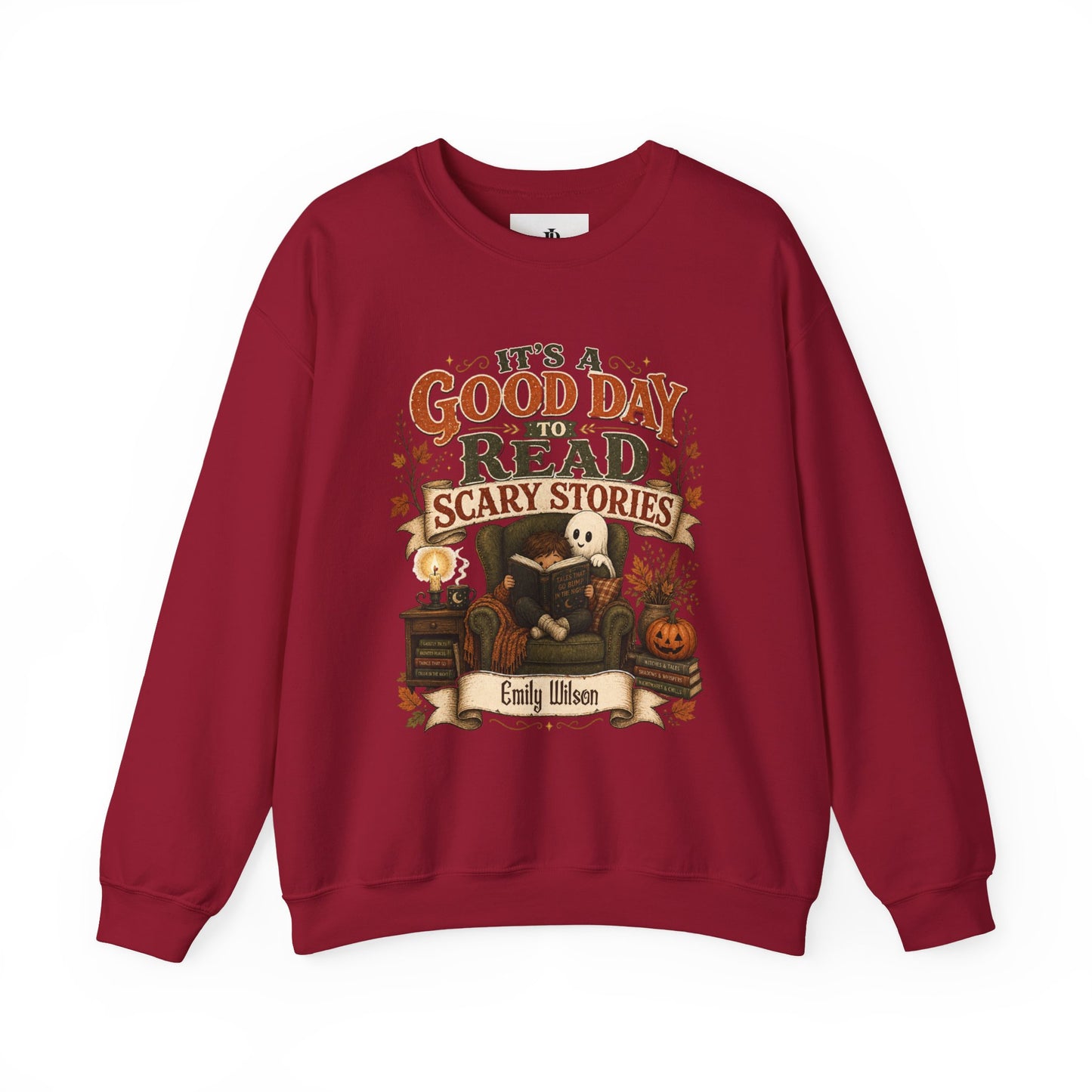 Custom Name Halloween Sweatshirt, Book Lover Gift For Her, Good Day To Read Scary Stories Crewneck, Spooky Season Reading Teacher Sweater
