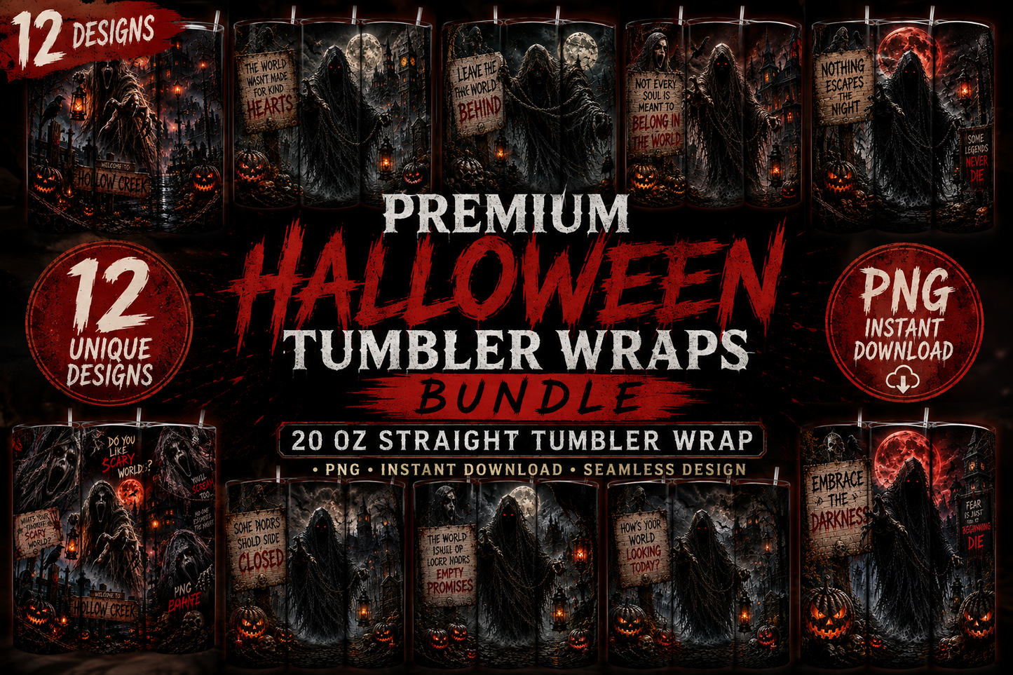 12 Halloween Tumbler Wrap Bundle PNG | 20oz Straight Skinny Tumbler Wraps | Scary Horror Sublimation Design | Instant Download | Seamless Tumbler Wrap PNG