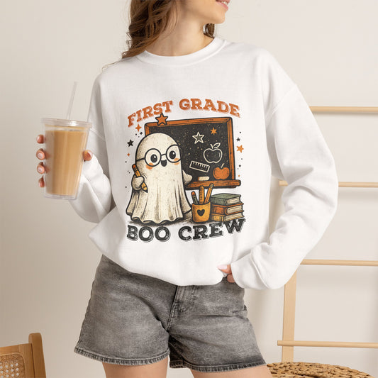 Personalized Teacher Boo Crew Sweatshirt, Custom Grade Halloween Crewneck, Cute Ghost Teacher Shirt, Kindergarten First Grade Teacher Gift