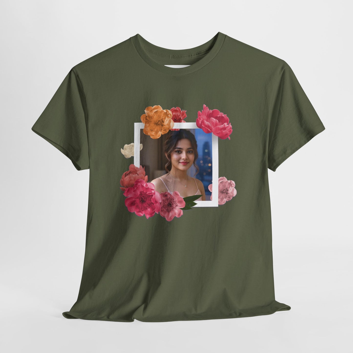 Custom Photo Shirt With Floral Frame, Personalized Picture Tshirt, Photo Gift for Her, Birthday Gift Mom, Anniversary Custom Tee