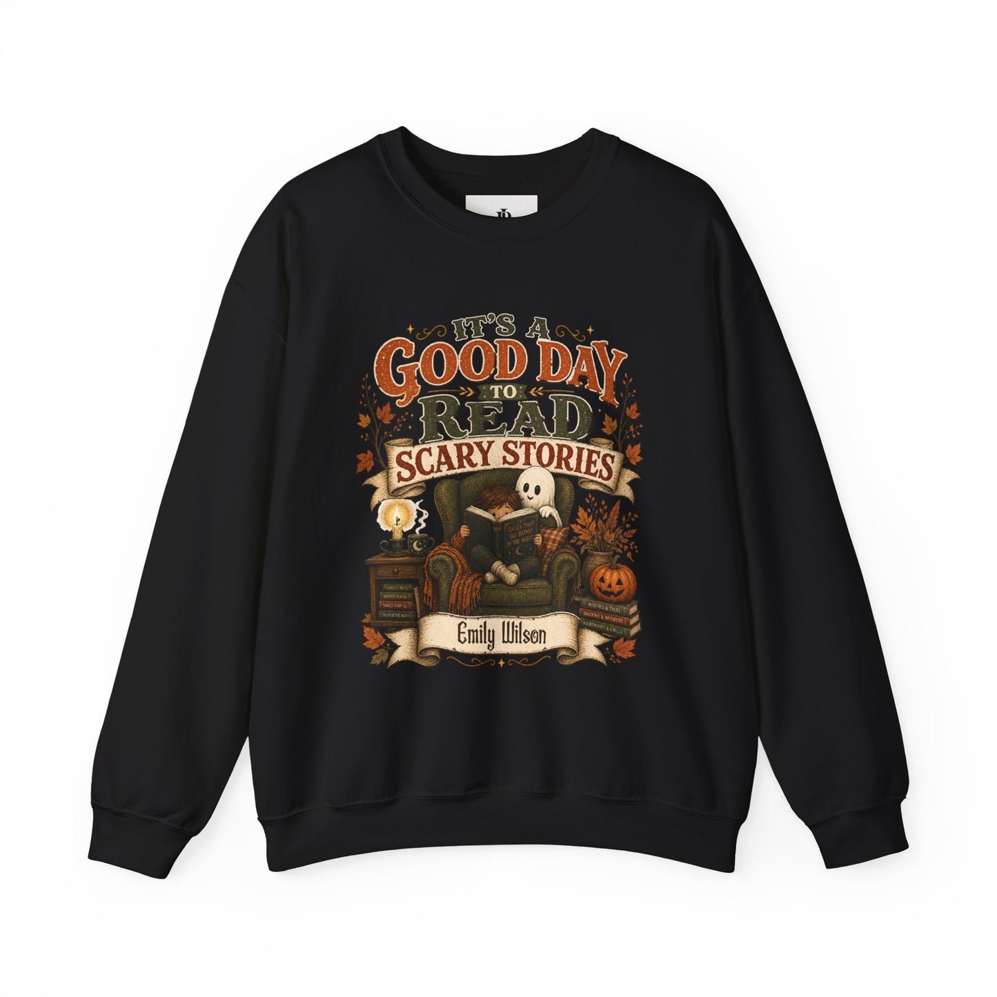 Custom Name Halloween Sweatshirt, Book Lover Gift For Her, Good Day To Read Scary Stories Crewneck, Spooky Season Reading Teacher Sweater