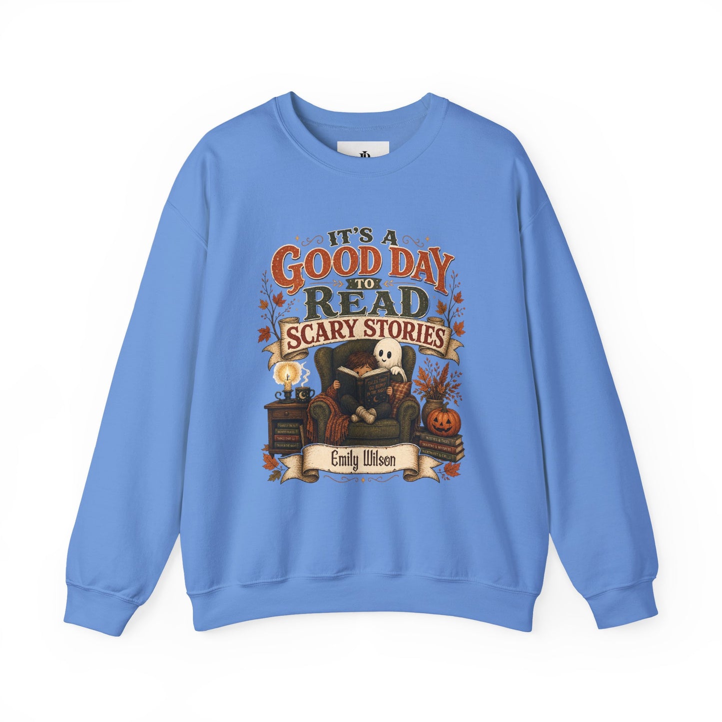 Custom Name Halloween Sweatshirt, Book Lover Gift For Her, Good Day To Read Scary Stories Crewneck, Spooky Season Reading Teacher Sweater