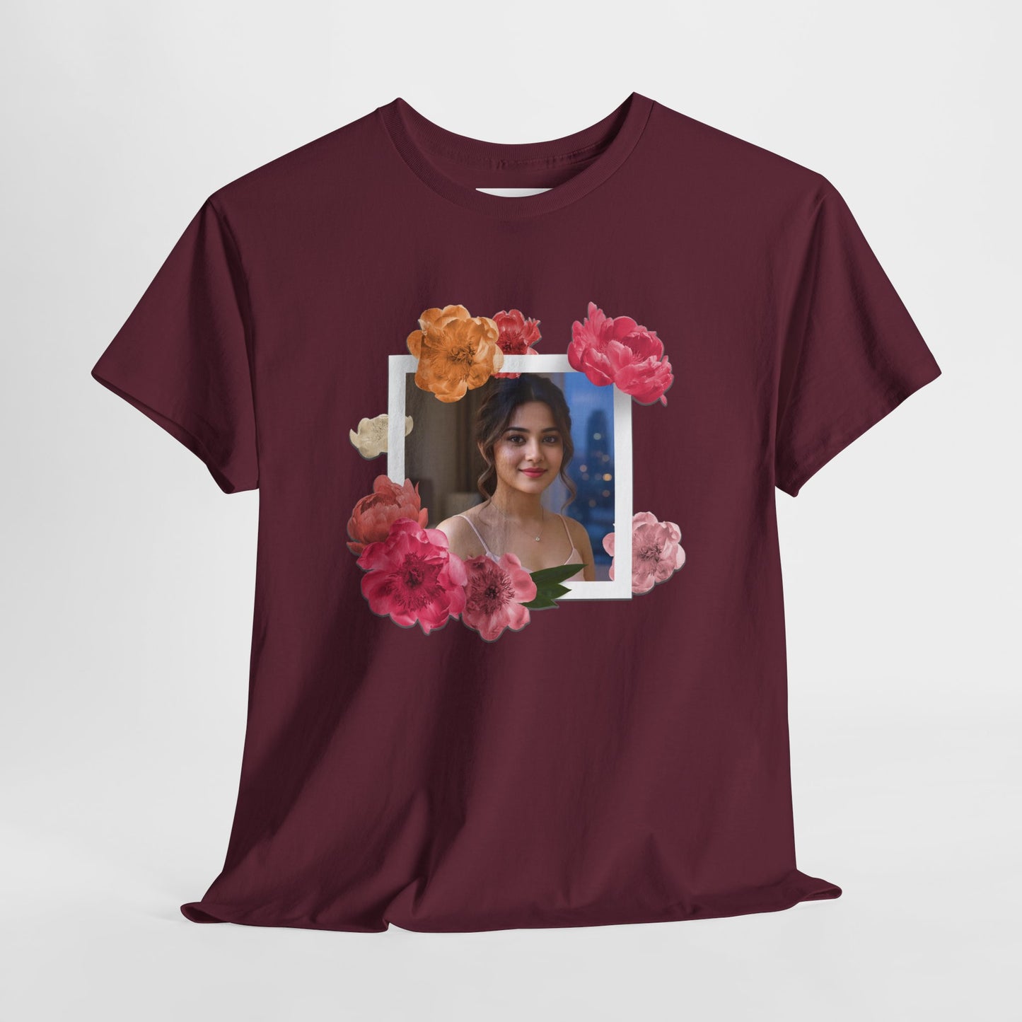 Custom Photo Shirt With Floral Frame, Personalized Picture Tshirt, Photo Gift for Her, Birthday Gift Mom, Anniversary Custom Tee