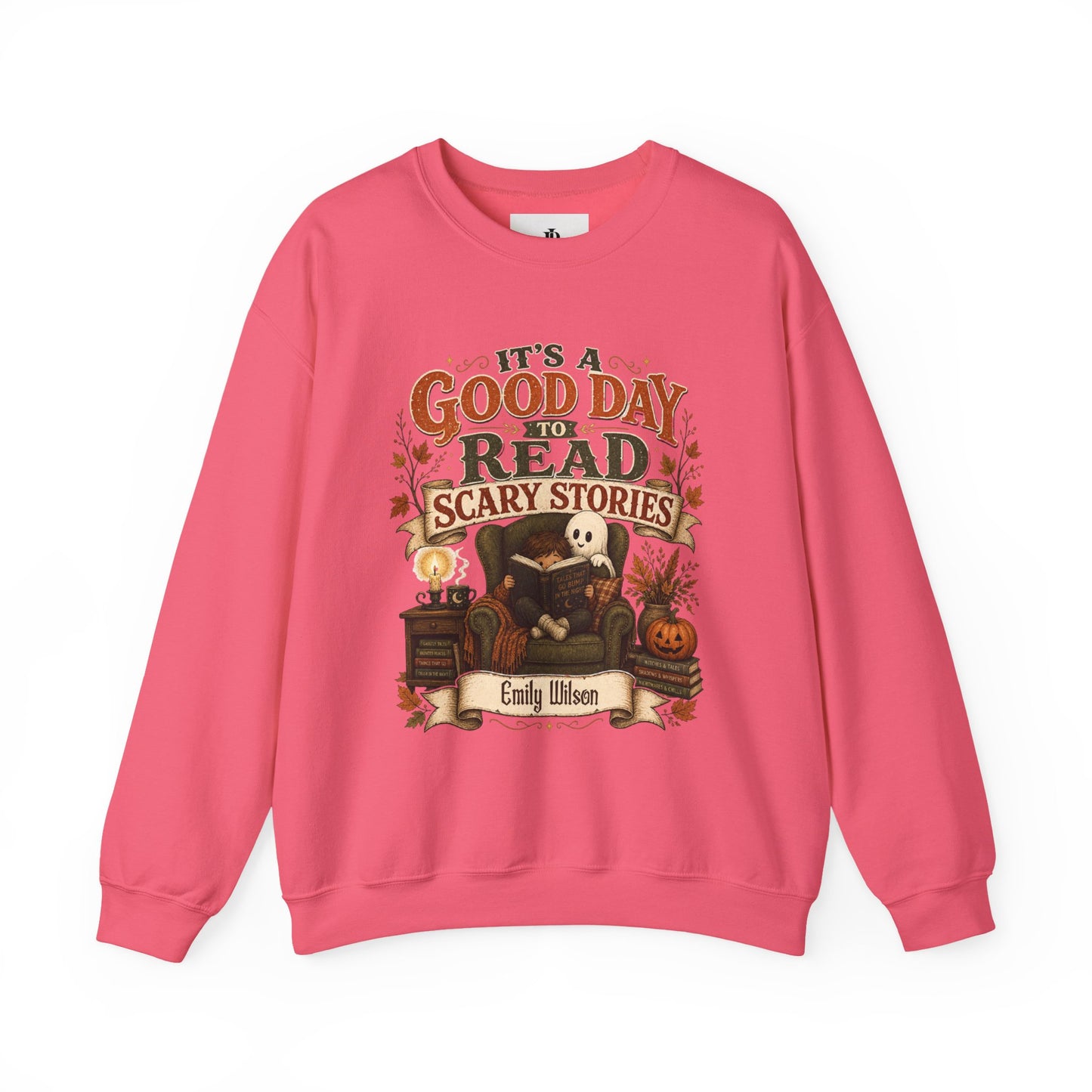 Custom Name Halloween Sweatshirt, Book Lover Gift For Her, Good Day To Read Scary Stories Crewneck, Spooky Season Reading Teacher Sweater