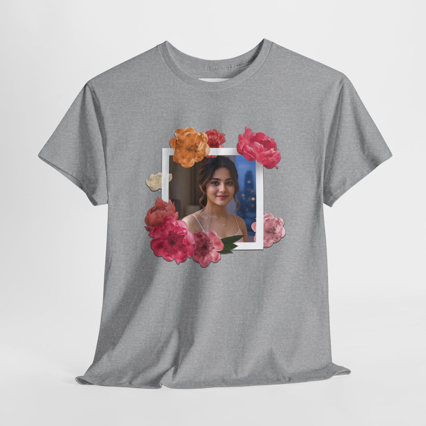 Custom Photo Shirt With Floral Frame, Personalized Picture Tshirt, Photo Gift for Her, Birthday Gift Mom, Anniversary Custom Tee