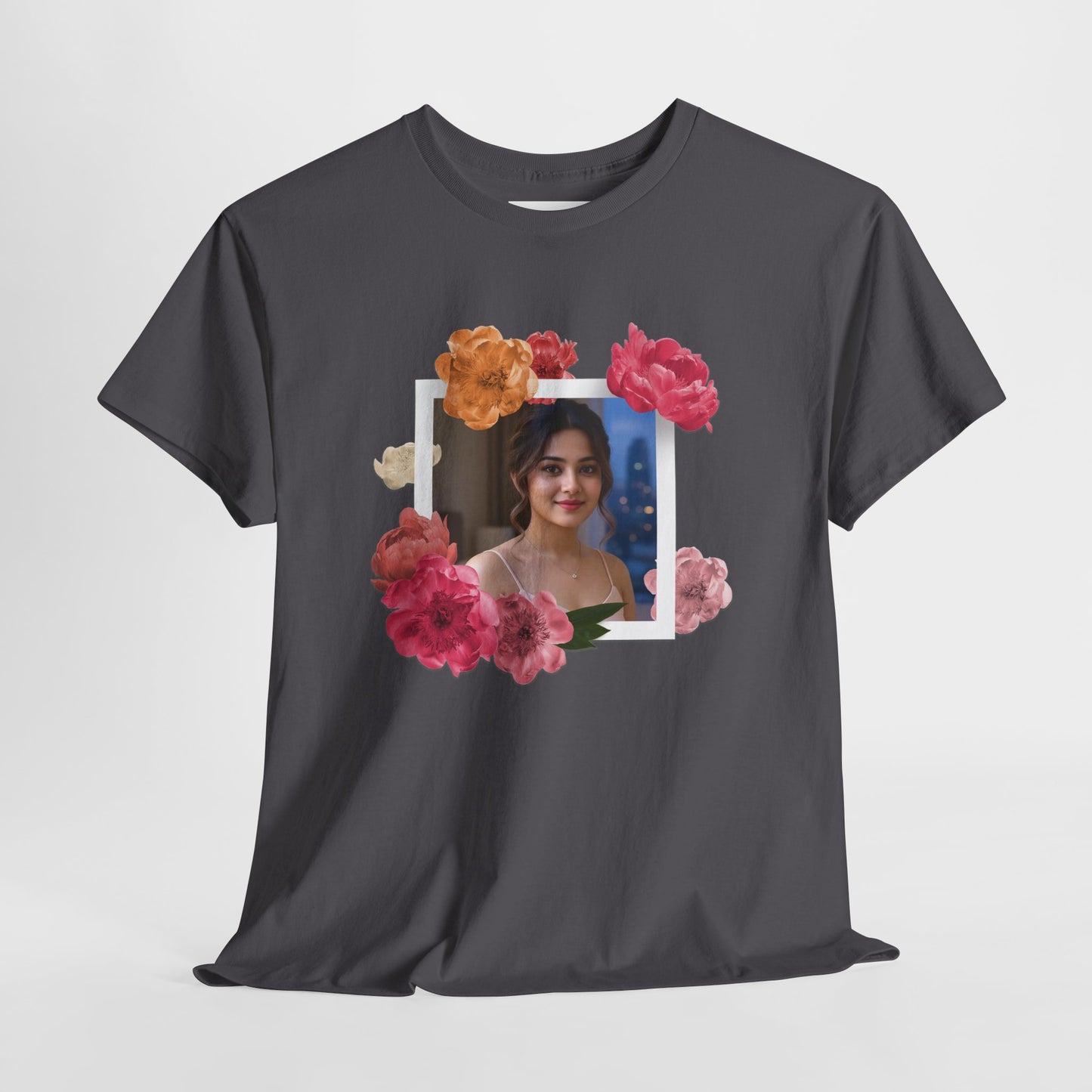 Custom Photo Shirt With Floral Frame, Personalized Picture Tshirt, Photo Gift for Her, Birthday Gift Mom, Anniversary Custom Tee
