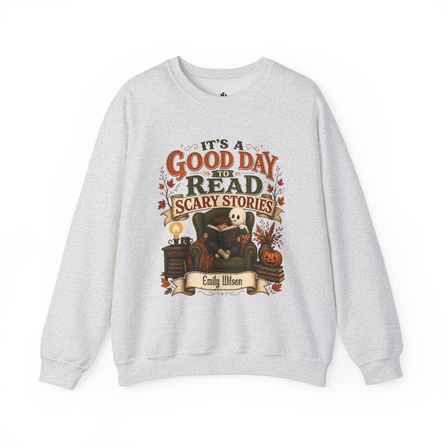 Custom Name Halloween Sweatshirt, Book Lover Gift For Her, Good Day To Read Scary Stories Crewneck, Spooky Season Reading Teacher Sweater