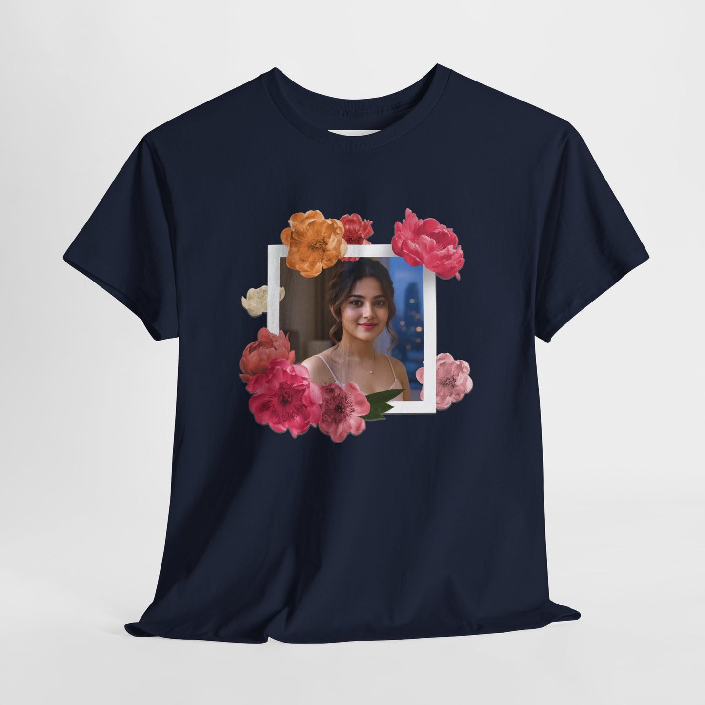 Custom Photo Shirt With Floral Frame, Personalized Picture Tshirt, Photo Gift for Her, Birthday Gift Mom, Anniversary Custom Tee
