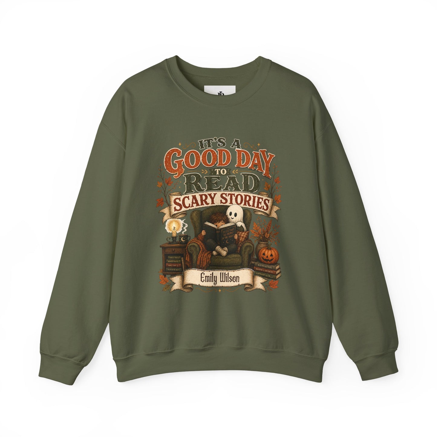 Custom Name Halloween Sweatshirt, Book Lover Gift For Her, Good Day To Read Scary Stories Crewneck, Spooky Season Reading Teacher Sweater