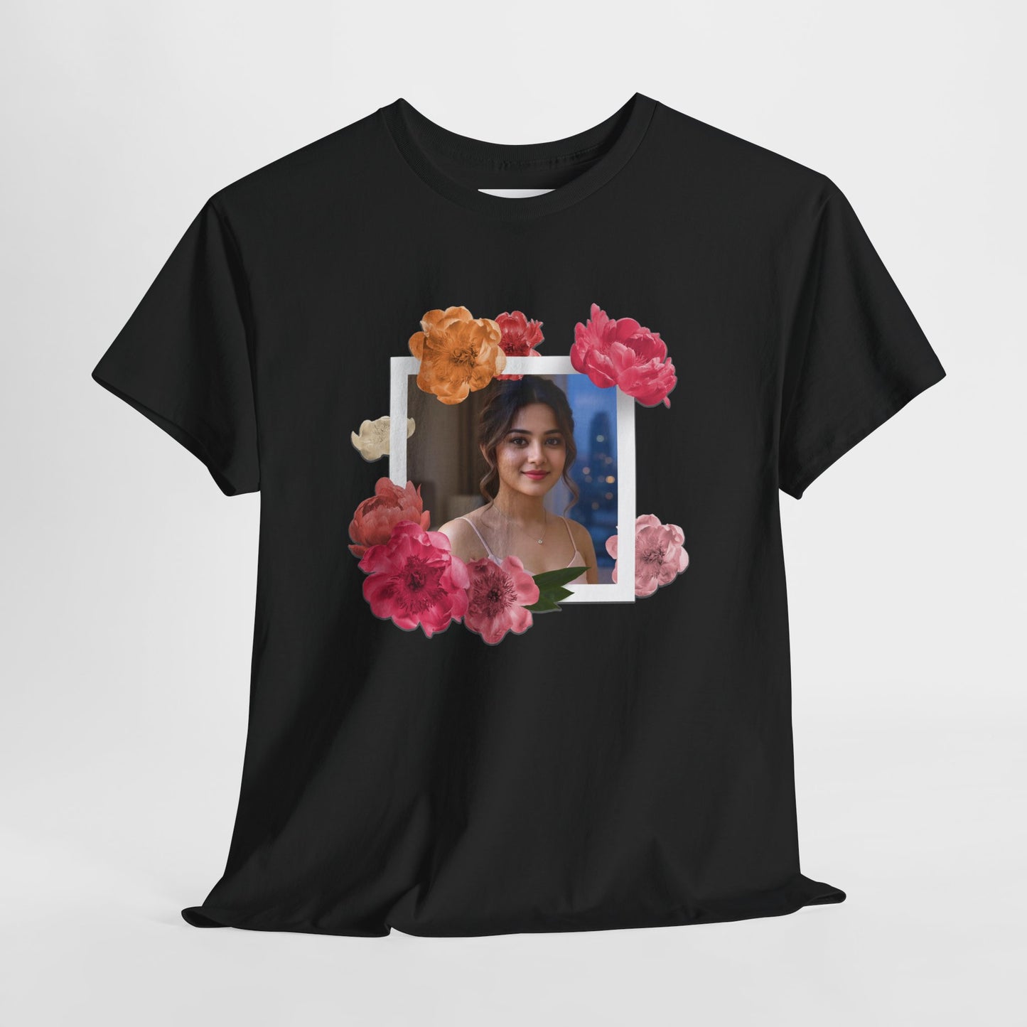 Custom Photo Shirt With Floral Frame, Personalized Picture Tshirt, Photo Gift for Her, Birthday Gift Mom, Anniversary Custom Tee