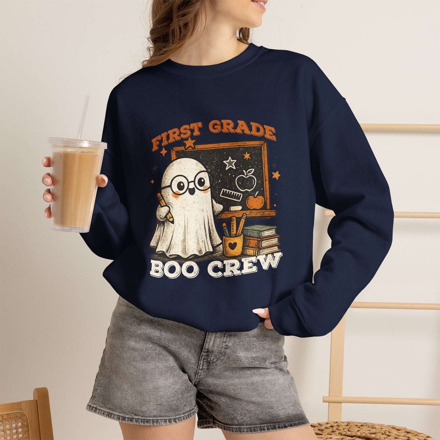 Personalized Teacher Boo Crew Sweatshirt, Custom Grade Halloween Crewneck, Cute Ghost Teacher Shirt, Kindergarten First Grade Teacher Gift
