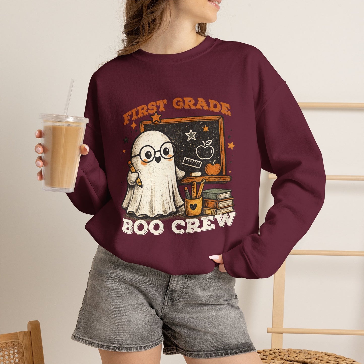 Personalized Teacher Boo Crew Sweatshirt, Custom Grade Halloween Crewneck, Cute Ghost Teacher Shirt, Kindergarten First Grade Teacher Gift