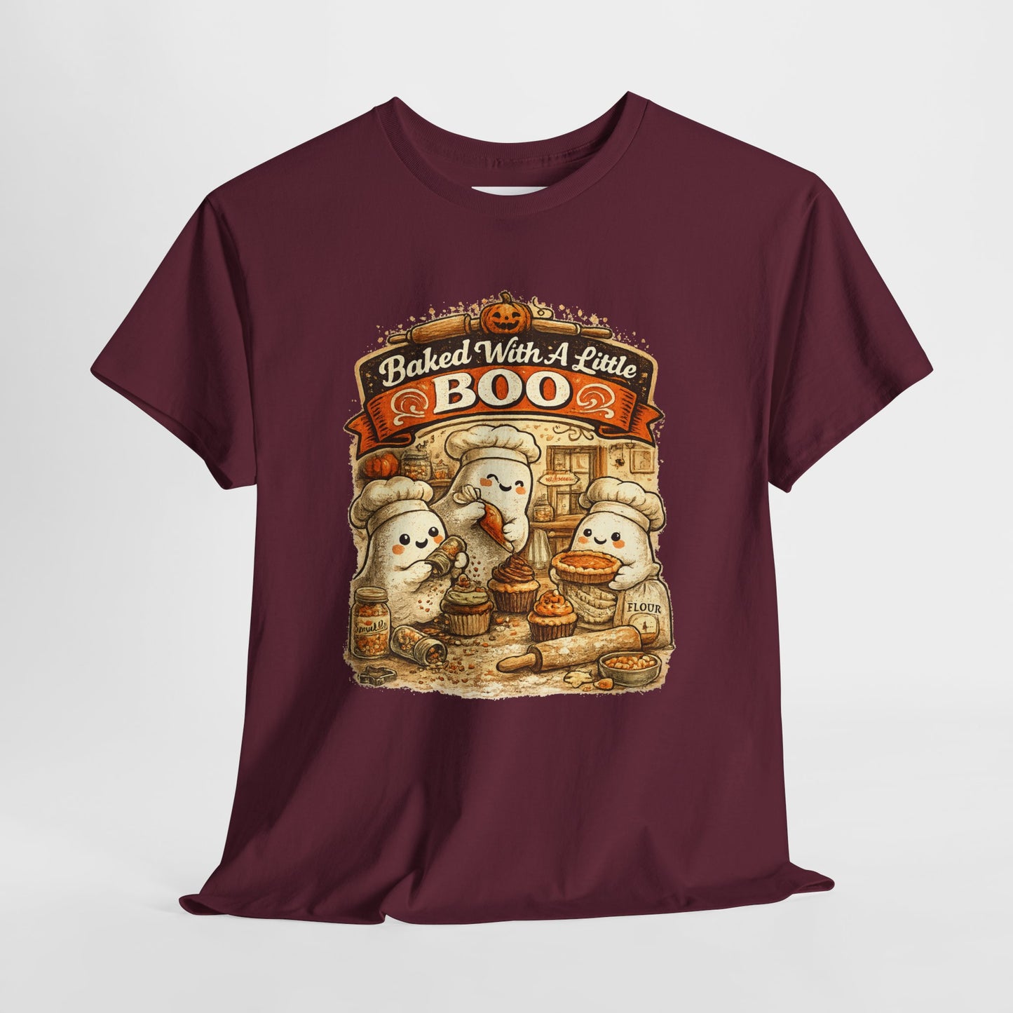 Baked With A Little Boo Tee | Halloween Ghost Baker Illustration