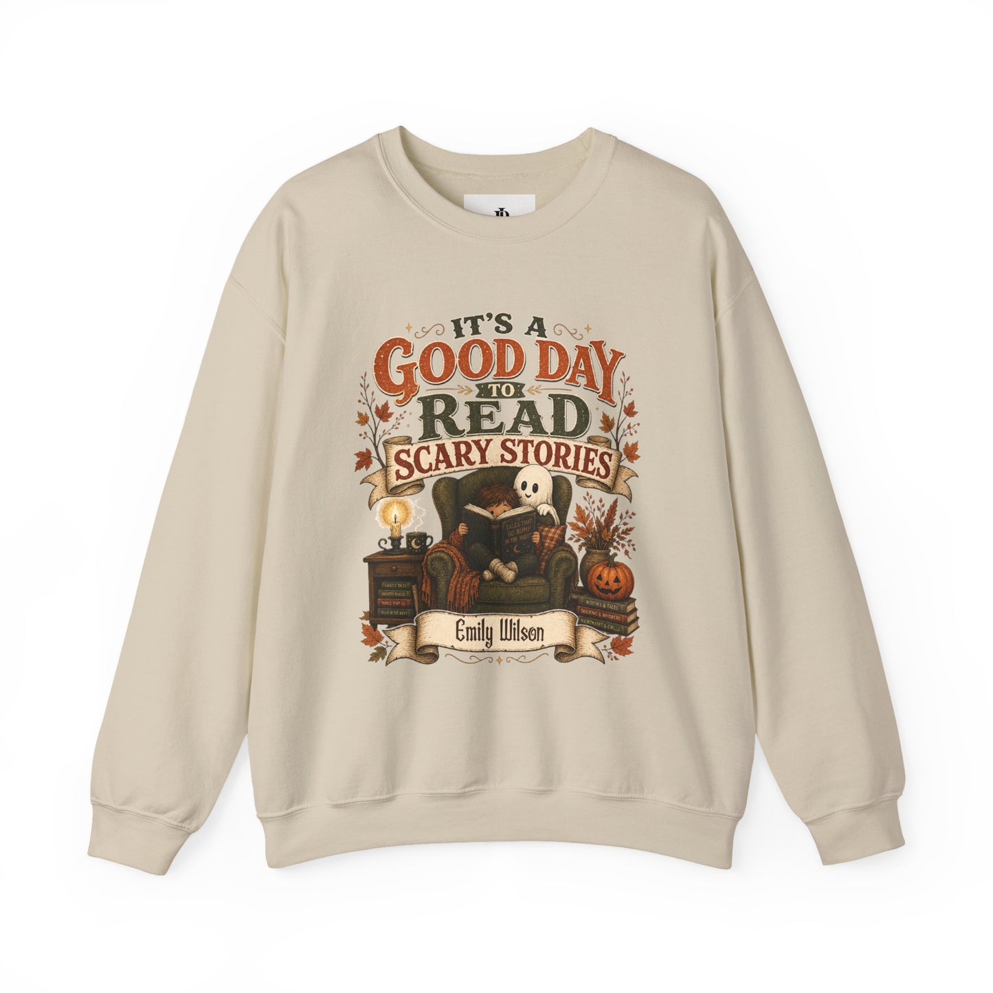 Custom Name Halloween Sweatshirt, Book Lover Gift For Her, Good Day To Read Scary Stories Crewneck, Spooky Season Reading Teacher Sweater