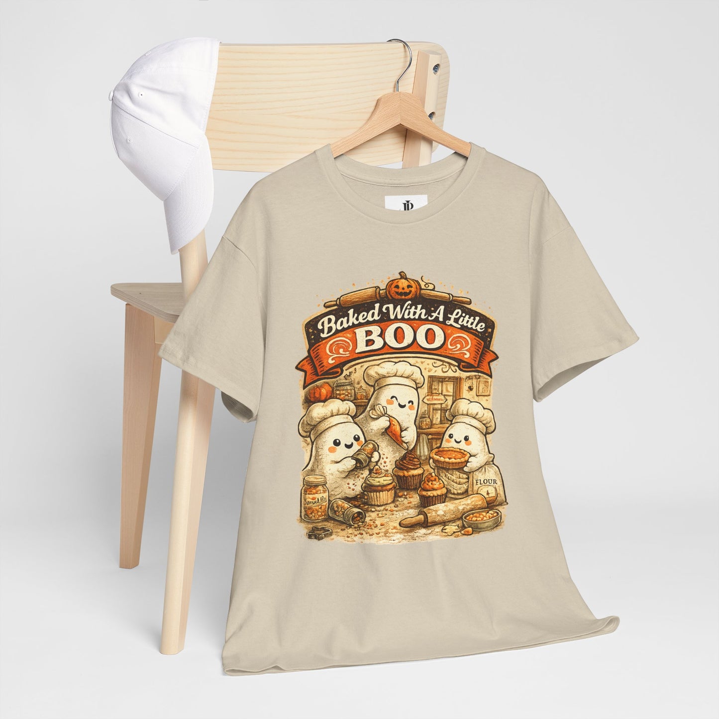 Baked With A Little Boo Tee | Halloween Ghost Baker Illustration