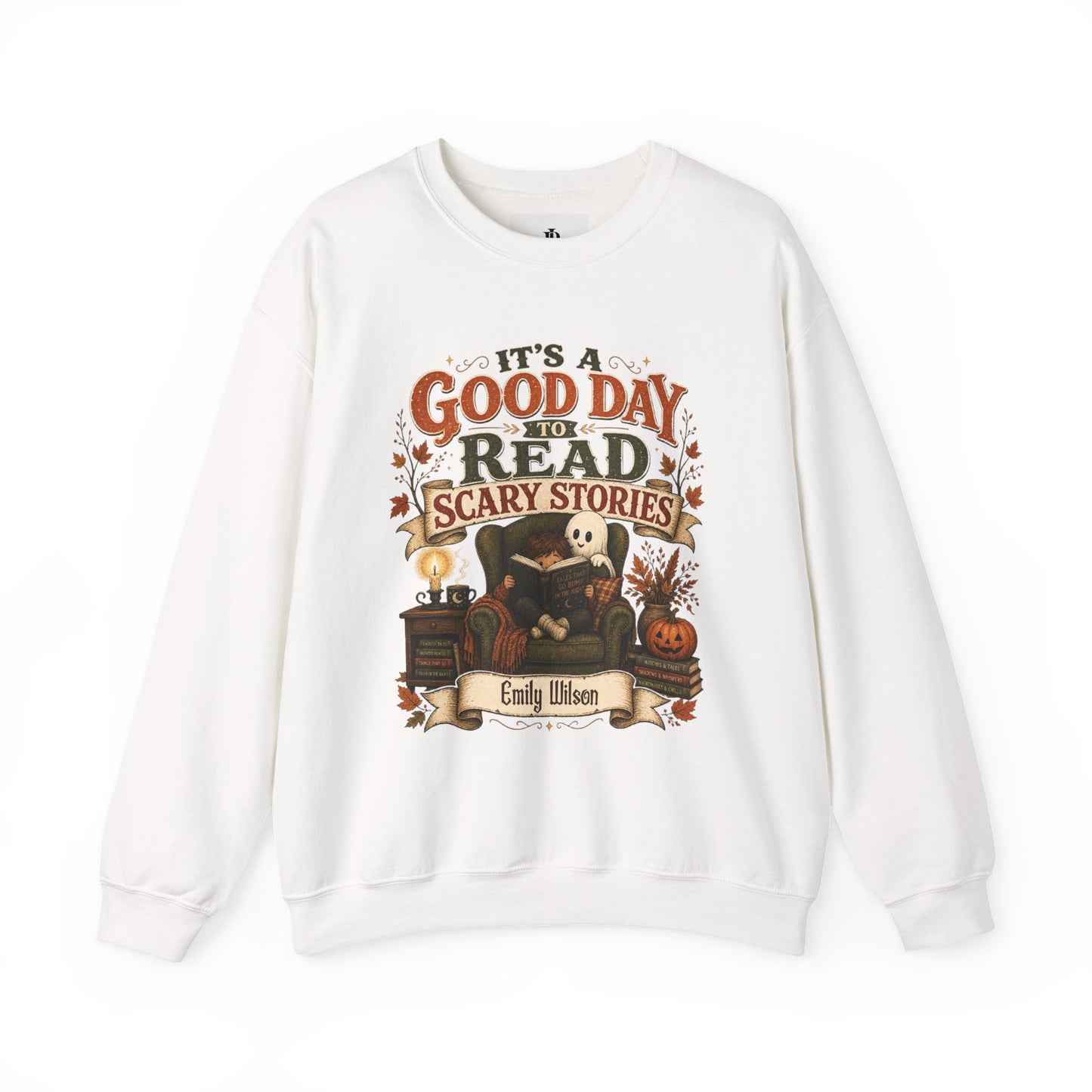 Custom Name Halloween Sweatshirt, Book Lover Gift For Her, Good Day To Read Scary Stories Crewneck, Spooky Season Reading Teacher Sweater
