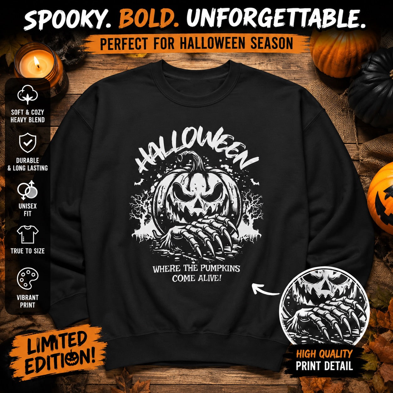 Halloween Pumpkin Crewneck Sweatshirt – Vintage Jack-O'-Lantern Graphic