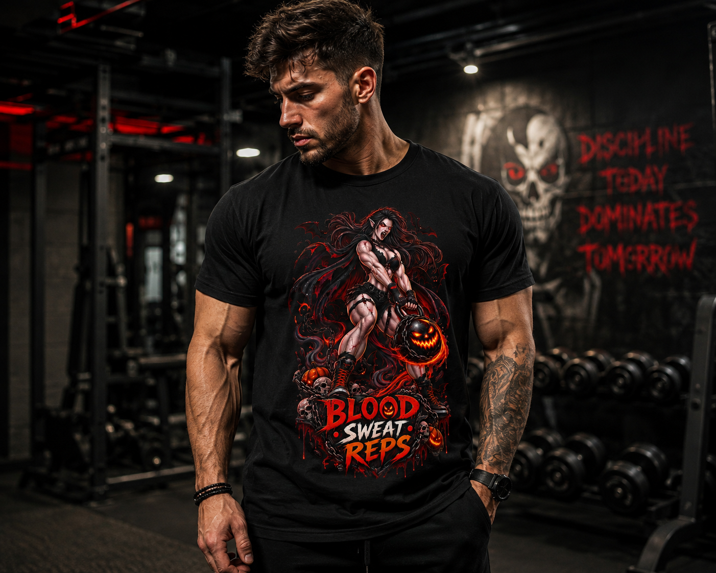 T-Shirt — Blood Sweat Reps Gym Tee (Barbell Demon Illustration)