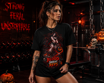 T-Shirt — Blood Sweat Reps Gym Tee (Barbell Demon Illustration)