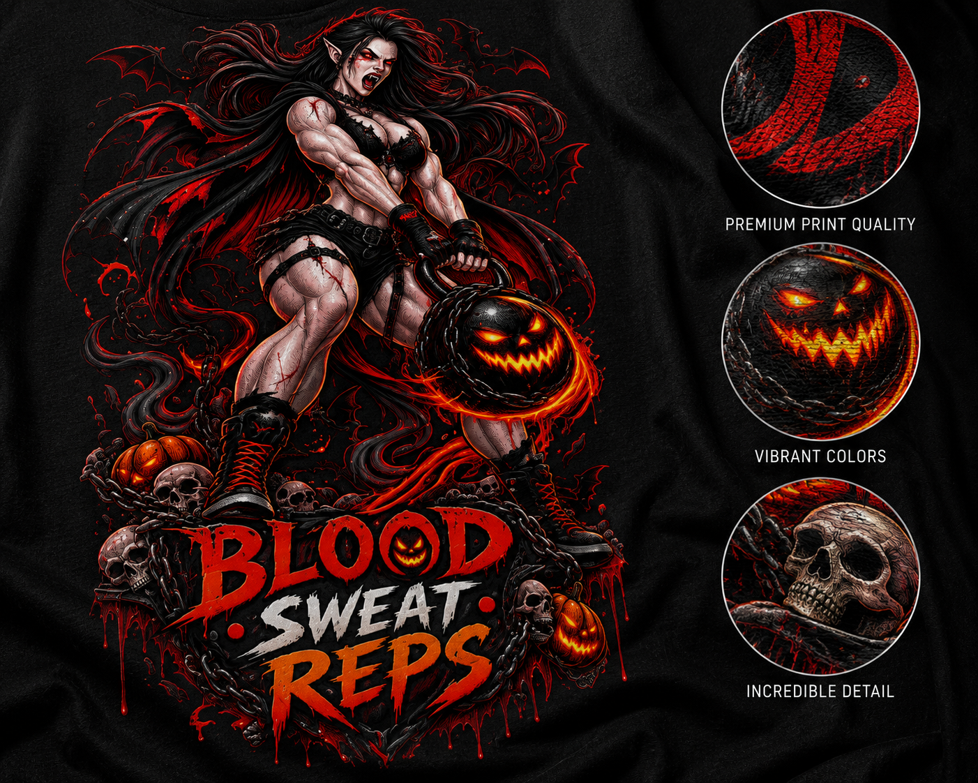 T-Shirt — Blood Sweat Reps Gym Tee (Barbell Demon Illustration)
