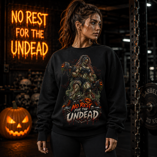 Zombie Weightlifter Sweatshirt — "No Rest for the Undead" Graphic Crewneck