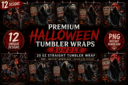 12 Halloween Tumbler Wrap Bundle PNG | 20oz Straight Skinny Tumbler Wraps | Scary Horror Sublimation Design | Instant Download | Seamless Tumbler Wrap PNG