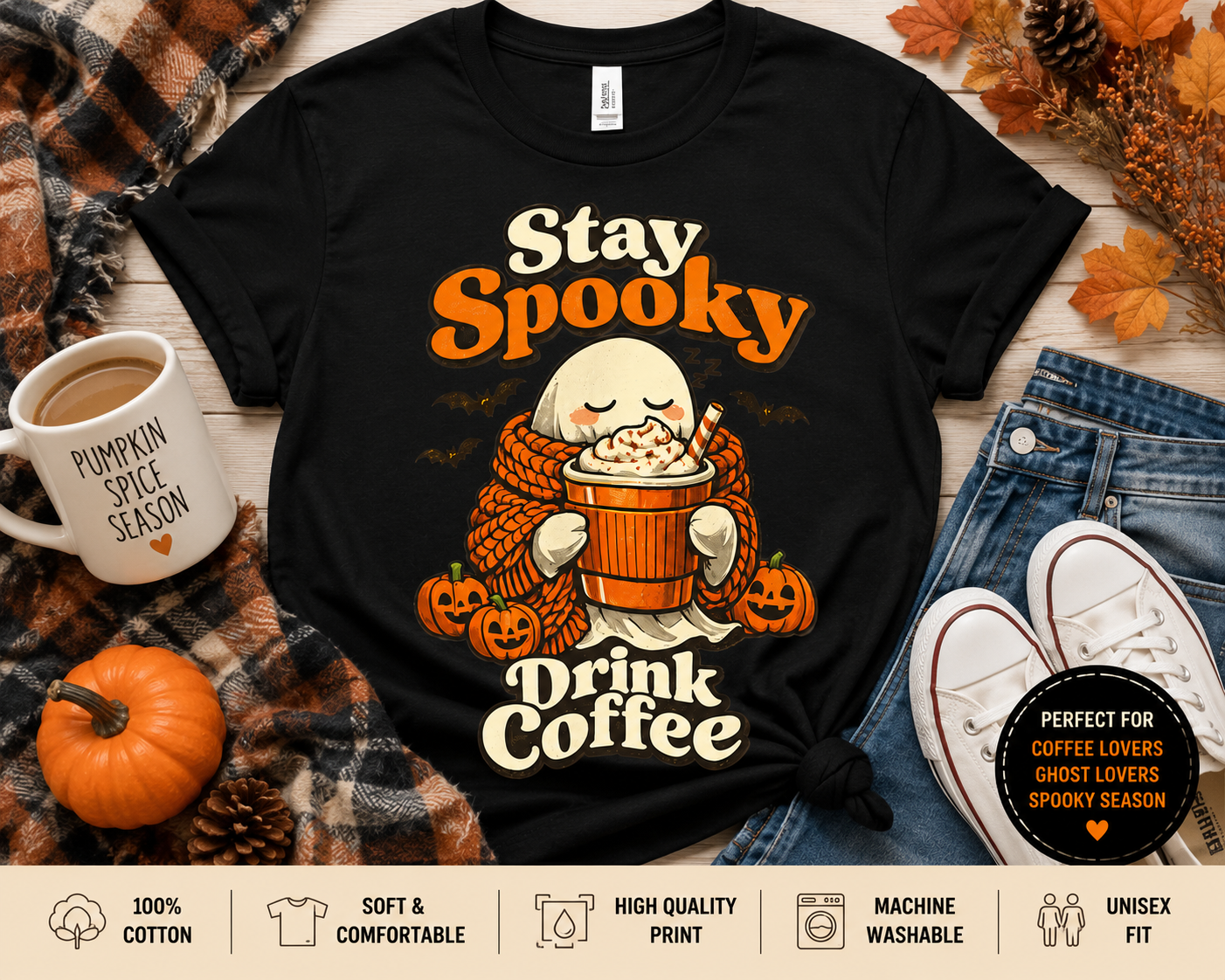 Halloween Ghost Coffee Shirt, Cozy Fall Graphic Tee, Autumn Pumpkin Spice Drink