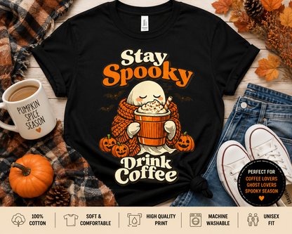 Halloween Ghost Coffee Shirt, Cozy Fall Graphic Tee, Autumn Pumpkin Spice Drink