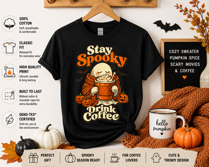 Halloween Ghost Coffee Shirt, Cozy Fall Graphic Tee, Autumn Pumpkin Spice Drink