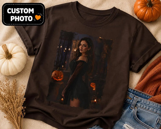Custom Halloween Portrait Shirt From Your Photo, Personalized Spooky Tshirt, Witch Costume Photo Tee, Custom Photo Gift, Halloween Gift Her