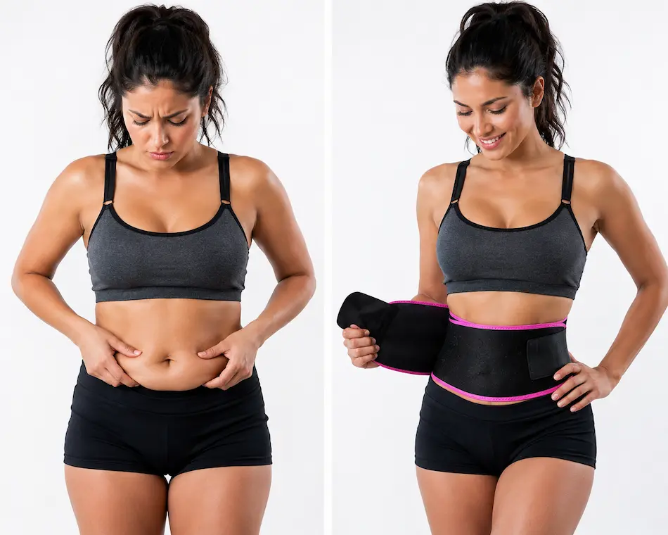 JUST PRIMES neoprene sweat belt worn as a waist sweat belt