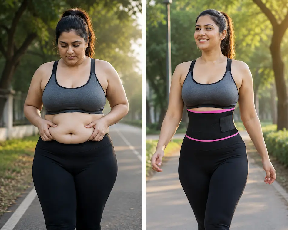 Woman wearing JUST PRIMES sauna belt for belly fat during workout
